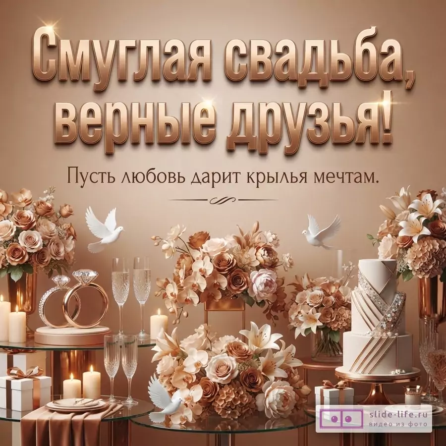Бежево-розовый фон, крупная надпись «Смуглая свадьба, верные друзья!», ниже текст «Пусть любовь дарит крылья мечтам.», цветы, голуби, кольца, бокалы и свадебный торт.
