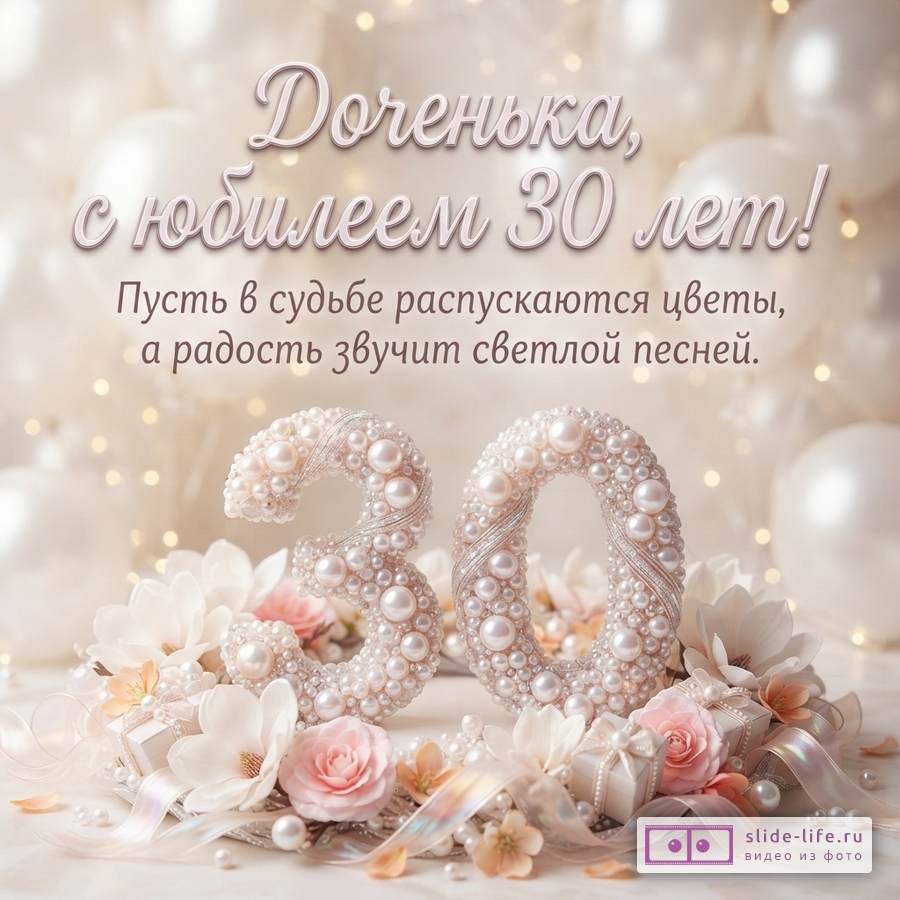 Объемная цифра 30 из жемчуга в окружении белых и розовых цветов на светлом фоне с шарами и надпись «Доченька, с юбилеем 30 лет! Пусть в судьбе распускаются цветы, а радость звучит светлой песней.»