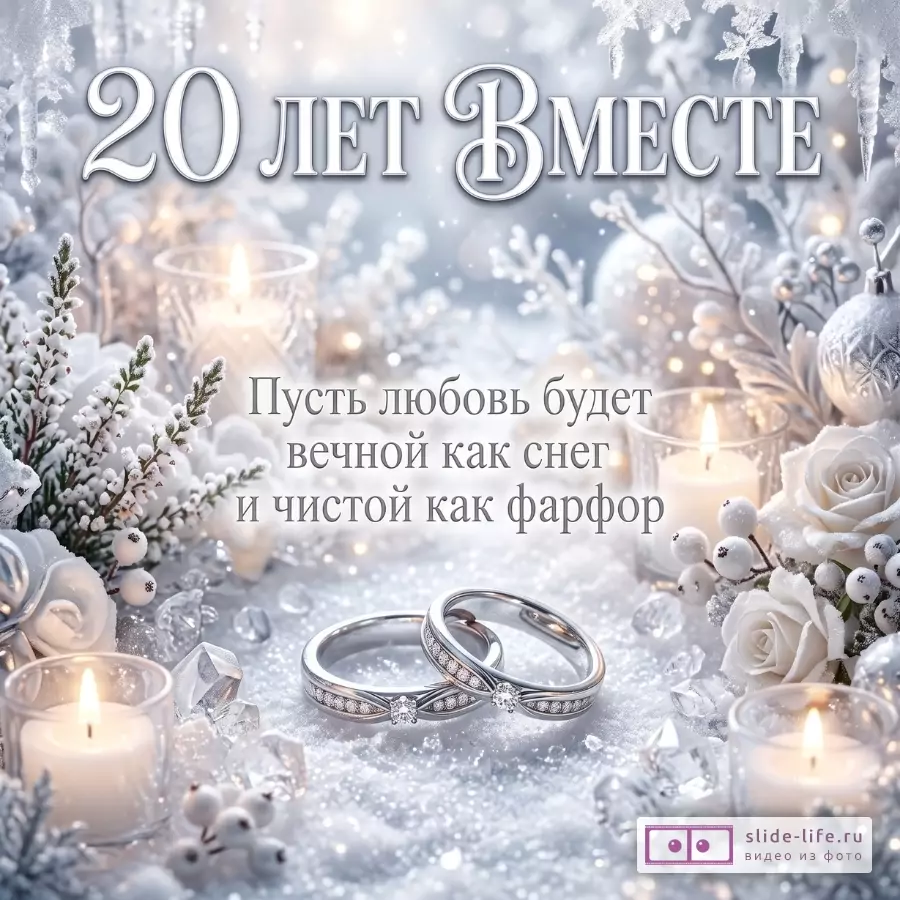 Серо-белый зимний фон с блестками, свечами, белыми розами, еловыми ветками и обручальными кольцами; текст «20 лет Вместе» и «Пусть любовь будет вечной как снег и чистой как фарфор»