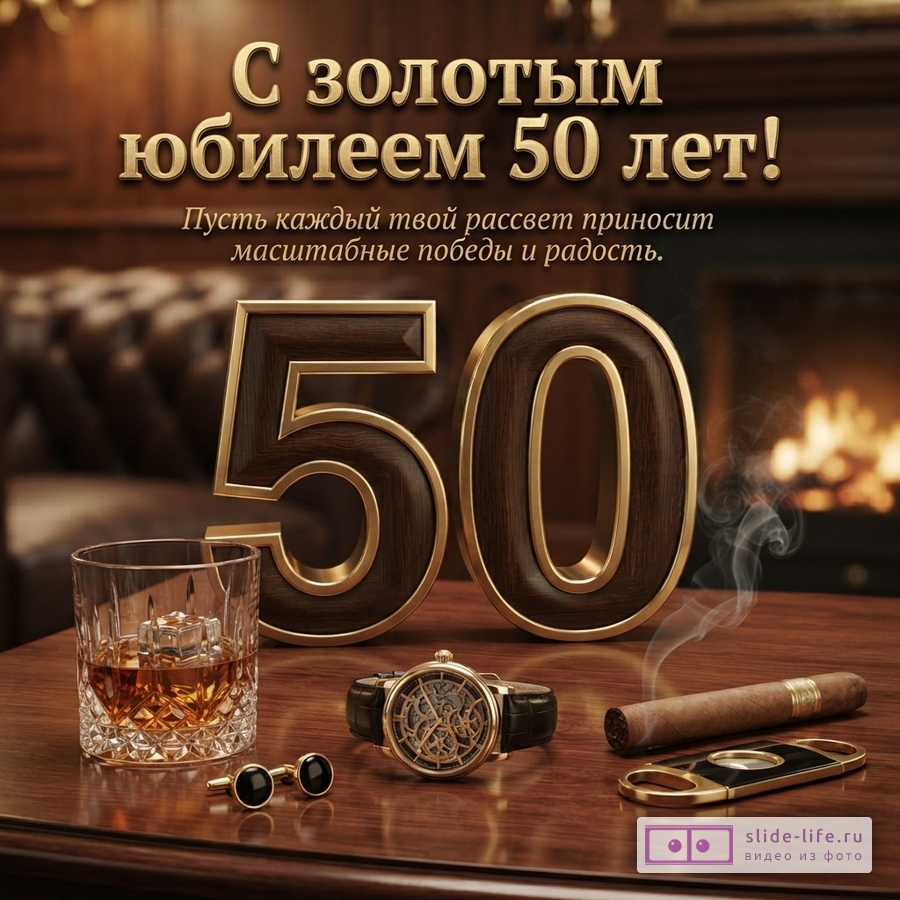 Коричневый фон, золотые буквы. На переднем плане цифры «50» из дерева с золотой окантовкой, стакан виски со льдом, запонки, часы, сигара, каттер. Текст: «С золотым юбилеем 50 лет! Пусть каждый твой рассвет приносит масштабные победы и радость.»