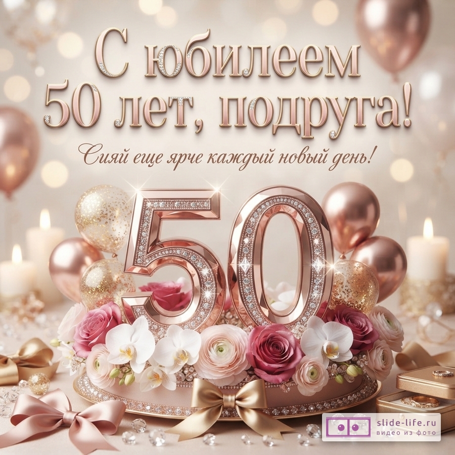 Открытка с юбилеем 50 лет. Фон бежевый, боке, воздушные шары, свечи. В центре композиция из цветов, бантов, кристаллов и цифр «50» с бриллиантами. Текст «С юбилеем 50 лет, подруга! Сияй еще ярче каждый новый день!»