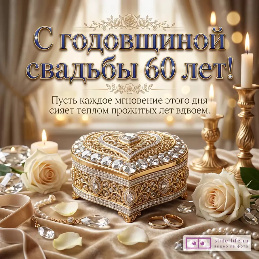 Открытка с текстом «С годовщиной свадьбы 60 лет! Пусть каждое мгновение этого дня сияет теплом прожитых лет вдвоем.», бежево-золотой фон, свечи, белые розы, кольца, жемчуг, шкатулка в форме сердца