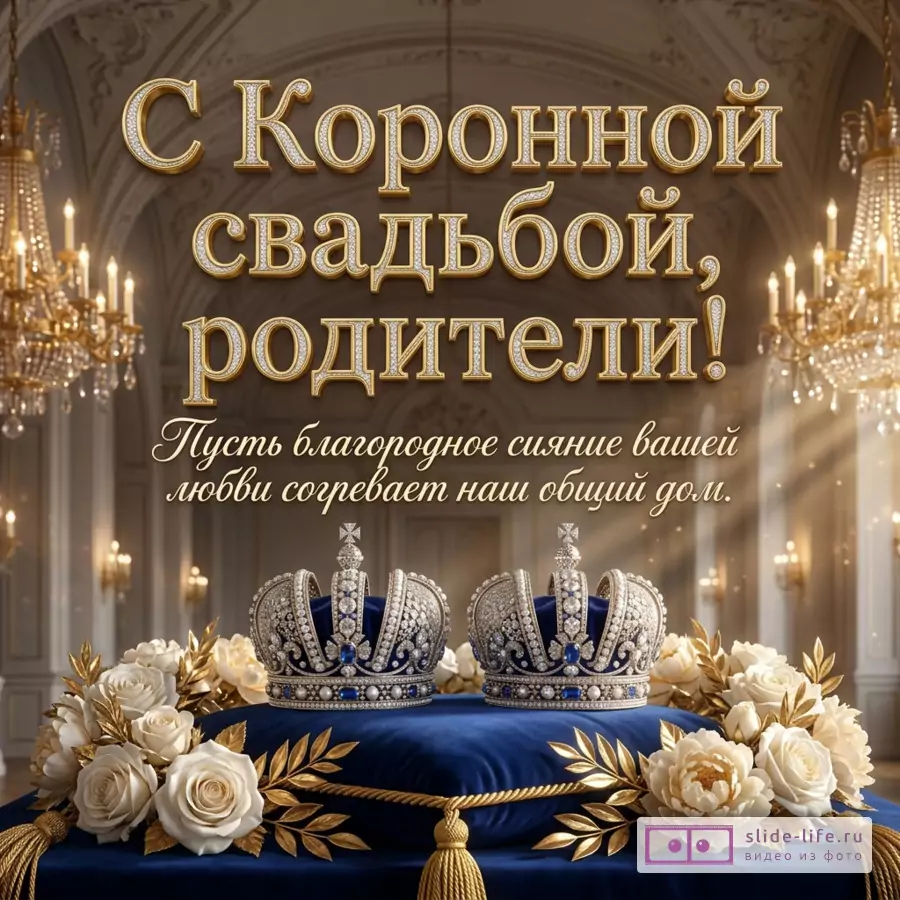 Две короны с драгоценными камнями на синей подушке в окружении белых роз в дворцовом зале. Надпись: «С Коронной свадьбой, родители! Пусть благородное сияние вашей любви согревает наш общий дом.»