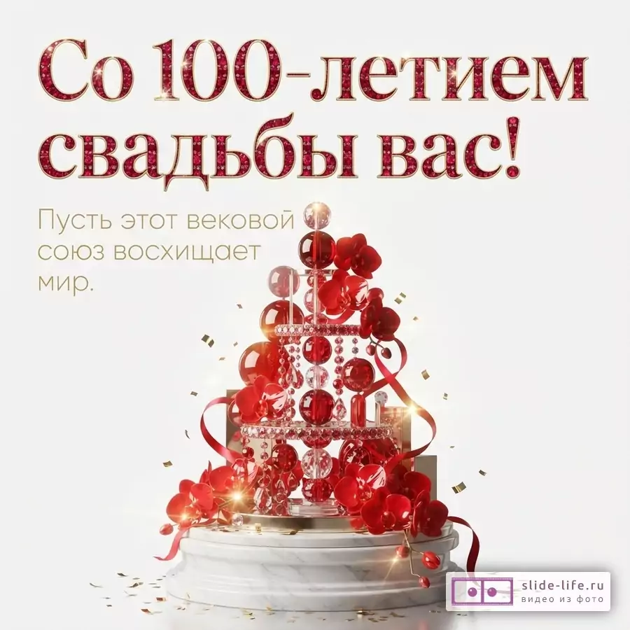 Белый фон, красно-золотой текст «Со 100-летием свадьбы вас! Пусть этот вековой союз восхищает мир.», красная декоративная композиция с цветами и лентами