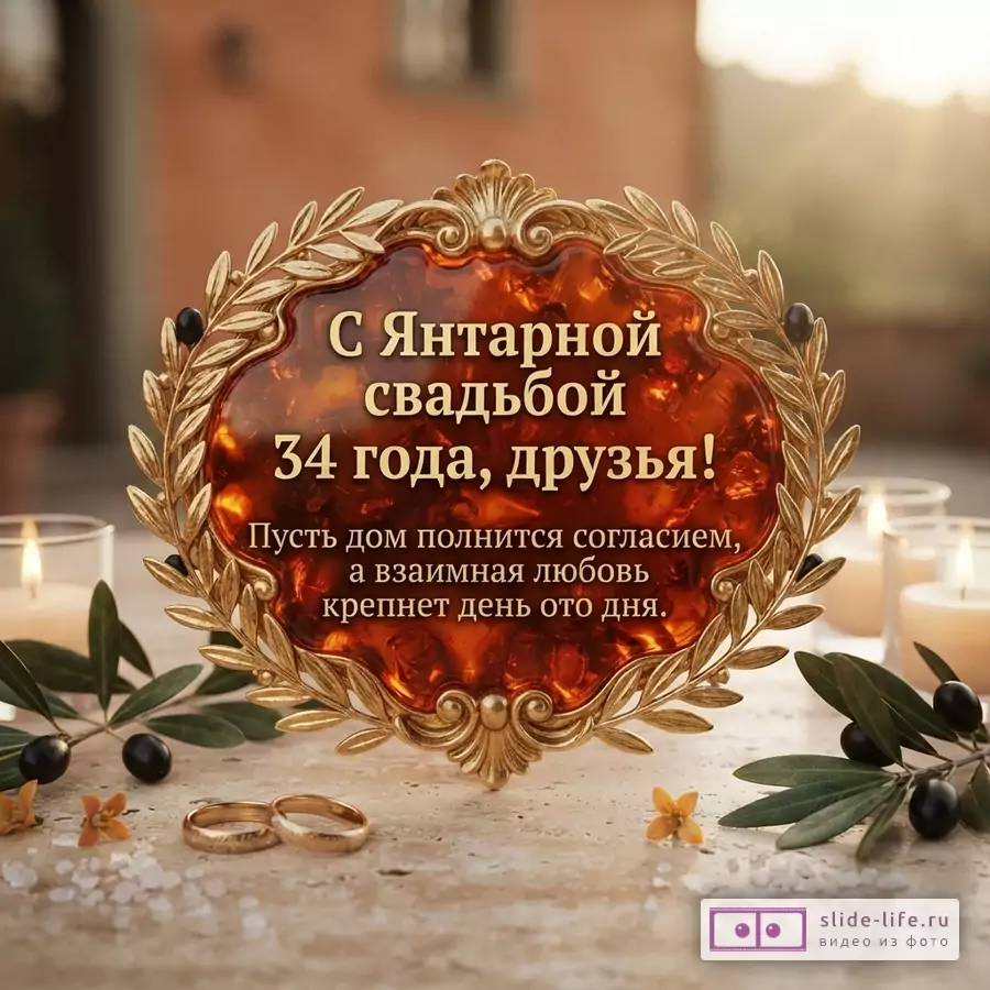 Золотая рамка с янтарной вставкой на фоне размытого интерьера, свечи, оливковые ветви, обручальные кольца. Текст: «С Янтарной свадьбой 34 года, друзья! Пусть дом полнится согласием, а взаимная любовь крепнет день ото дня.»