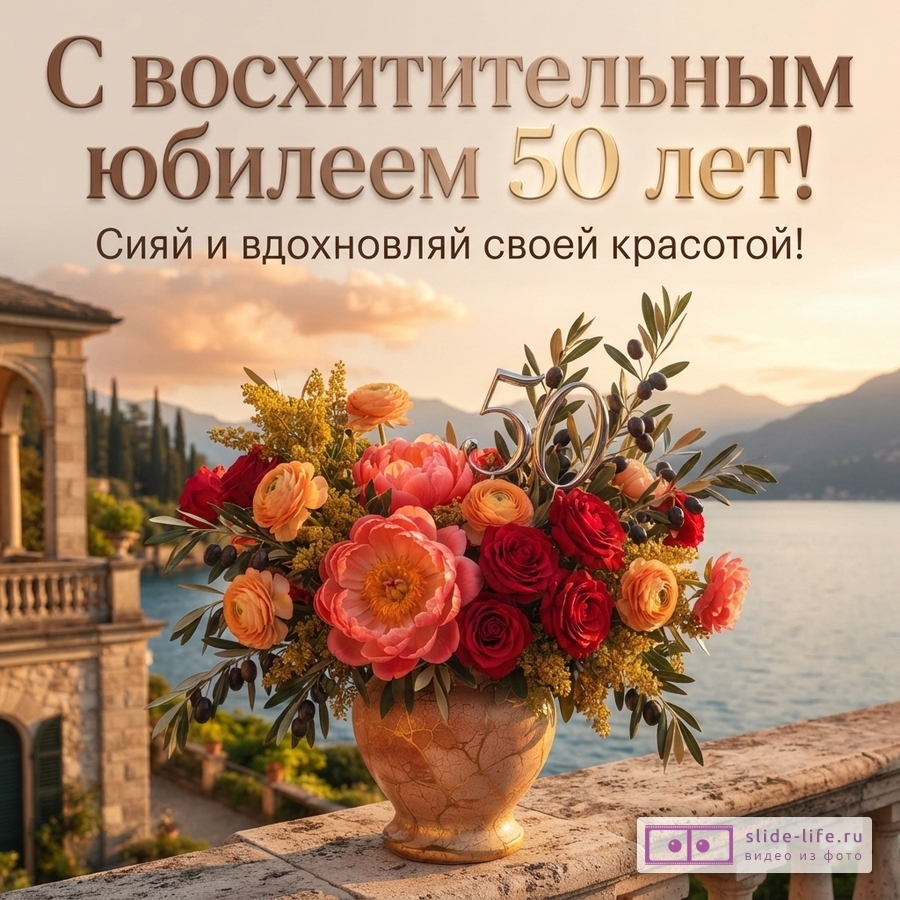 Открытка с видом на озеро и горы на закате, на переднем плане ваза с цветами персикового и красного цвета, на фоне вазы цифры «50». Текст «С восхитительным юбилеем 50 лет! Сияй и вдохновляй своей красотой!»