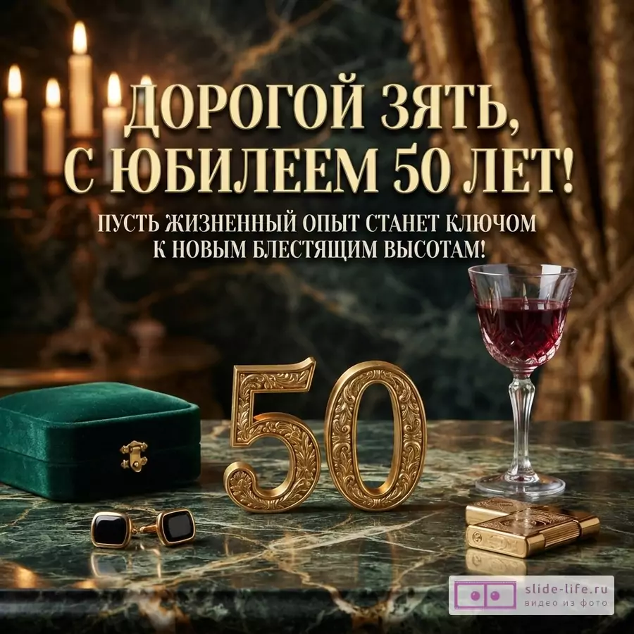 Открытка с темным фоном, свечами, бокалом красного вина, запонками, зажигалкой и золотыми цифрами «50». Текст: «Дорогой зять, с юбилеем 50 лет! Пусть жизненный опыт станет ключом к новым блестящим высотам!»