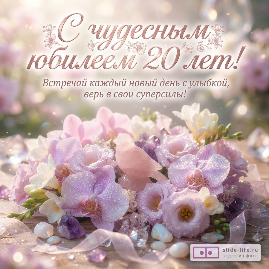 Открытка с розовым фоном, букетом сиреневых орхидей и белых цветов, розовой птичкой и кристаллами. Текст «С чудесным юбилеем 20 лет! Встречай каждый новый день с улыбкой, верь в свои суперсилы!»