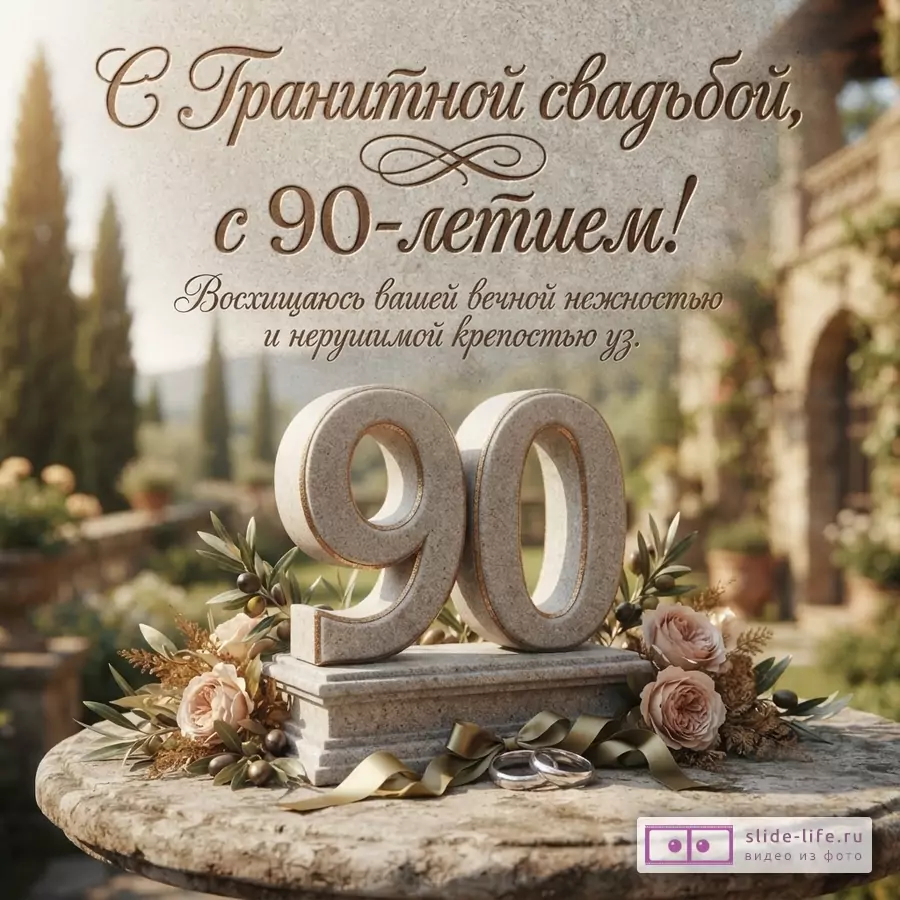 Бежево-каменный фон, крупная цифра 90, цветы, ленты и кольца, текст «С Гранитной свадьбой, с 90-летием! Восхищаюсь вашей вечной нежностью и нерушимой крепостью уз.»