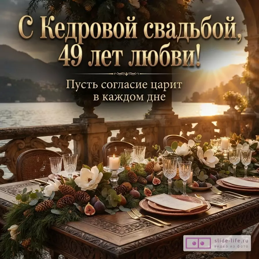 Стол с праздничной сервировкой на террасе у озера на закате, украшенный еловыми ветками, шишками, инжиром, цветами магнолии и свечами. Текст: «С Кедровой свадьбой, 49 лет любви! Пусть согласие царит в каждом дне»