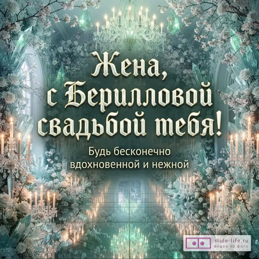 Зал с хрустальной люстрой, кристаллами, свечами и цветами с текстом «Жена, с Берилловой свадьбой тебя! Будь бесконечно вдохновенной и нежной»