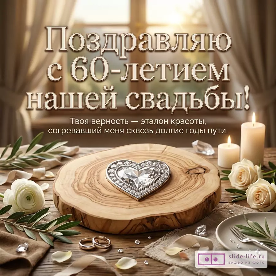 Открытка с текстом «Поздравляю с 60-летием нашей свадьбы! Твоя верность — эталон красоты, согревавший меня сквозь долгие годы пути.», светлый интерьер, окно с шторами, свечи, белые розы, кольца, деревянная подставка с сердцем