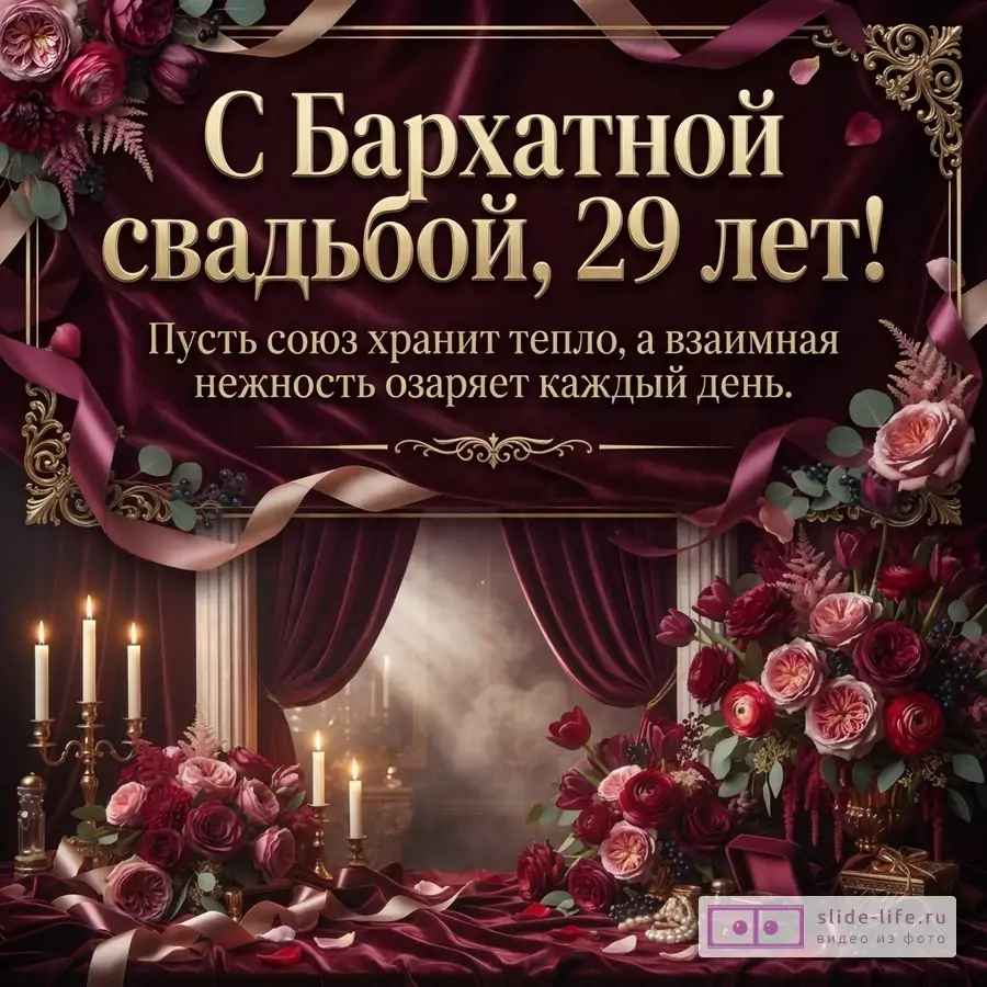 Открытка с бордовым бархатным фоном, золотой рамкой, цветами и свечами. Текст: «С Бархатной свадьбой, 29 лет! Пусть союз хранит тепло, а взаимная нежность озаряет каждый день.»