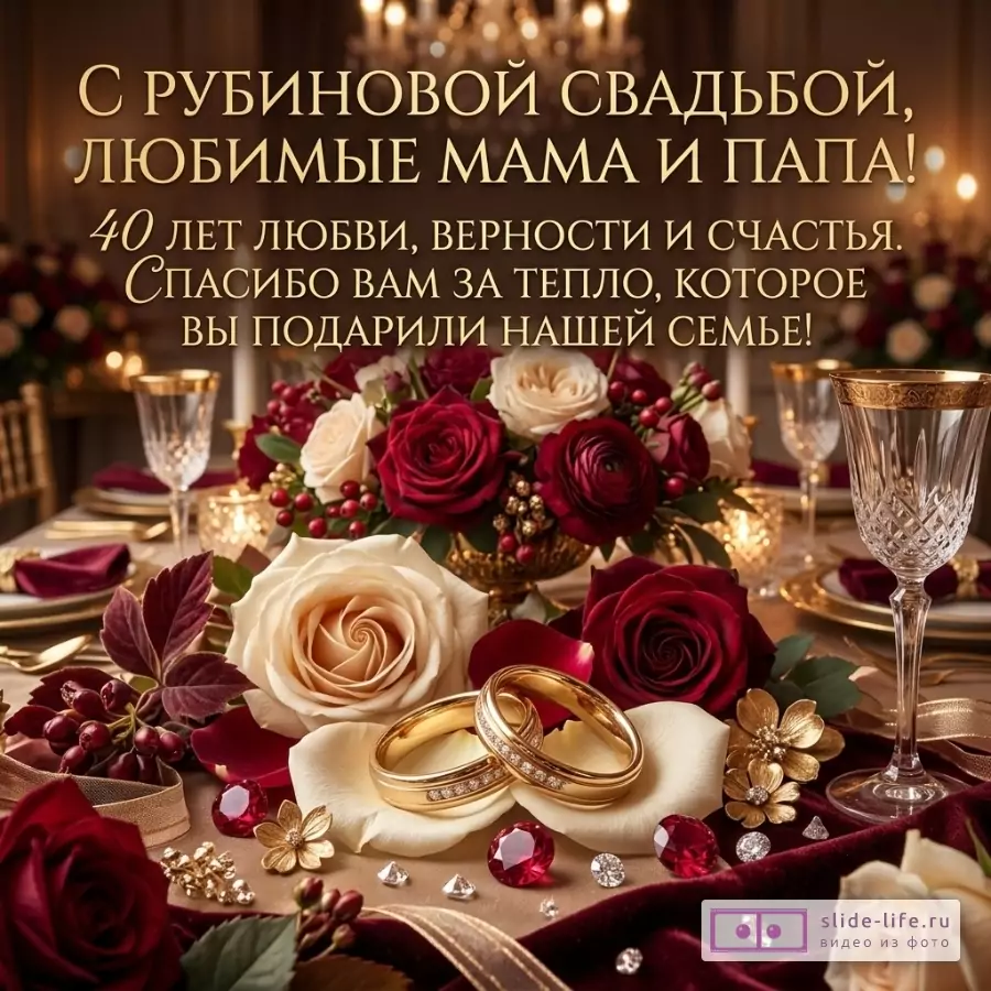 «С рубиновой свадьбой, любимые мама и папа! 40 лет любви, верности и счастья.» Бордово-золотой праздничный стол с розами, кольцами, бокалами и свечами.