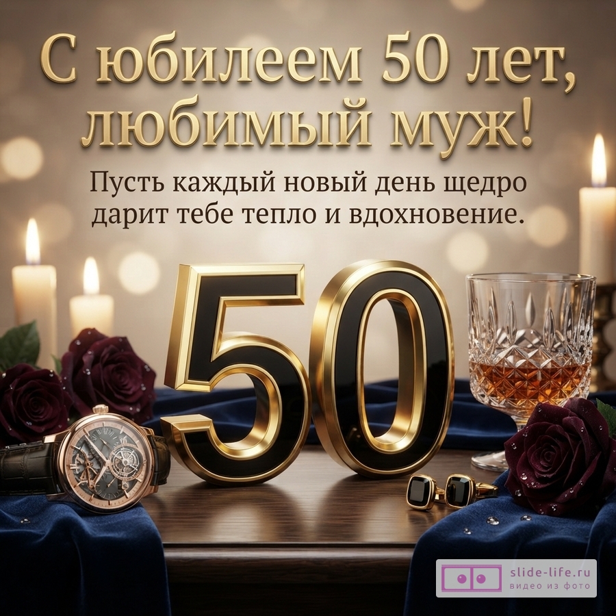 Открытка с золотыми буквами на бежевом фоне, цифры 50, часы, бокал виски, розы, свечи. Текст: «С юбилеем 50 лет, любимый муж! Пусть каждый новый день щедро дарит тебе тепло и вдохновение.»