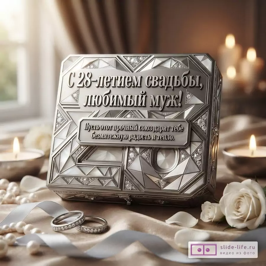 Серебристая шкатулка с узорами из белых вставок и страз, на ней текст «С 28-летием свадьбы, любимый муж! Пусть этот прочный союз дарит тебе безмятежную радость и тепло.». На переднем плане два кольца, жемчужные бусы, белые розы, свечи на размытом фоне.