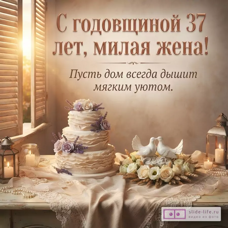Светлая открытка с окном, солнечным светом, тортом, свечами и фигурками голубей. Текст: «С годовщиной 37 лет, милая жена! Пусть дом всегда дышит мягким уютом.»