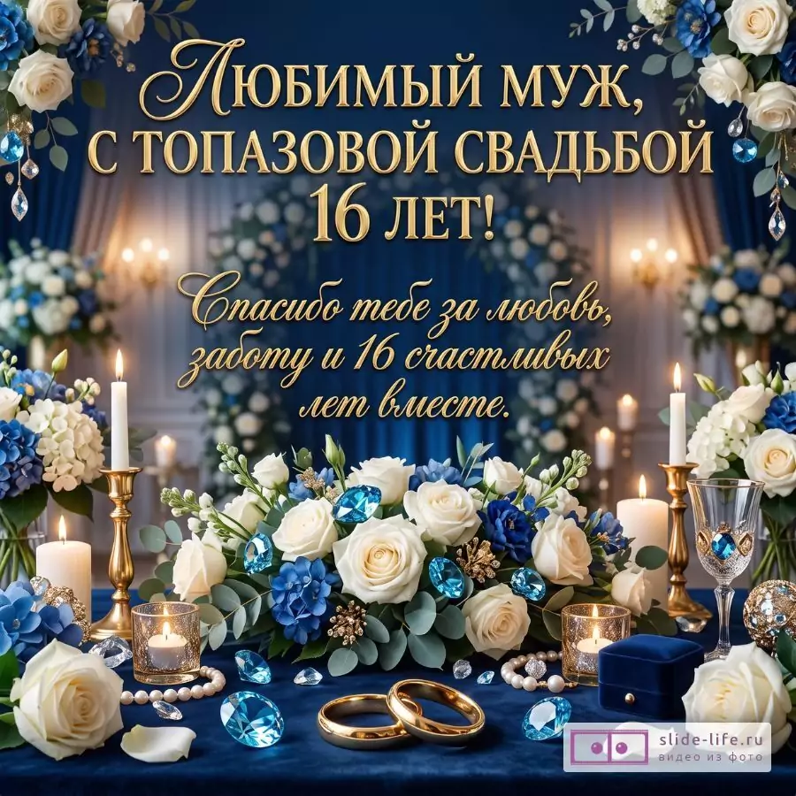 Темно-синий фон, бело-синие розы, свечи, голубые драгоценные камни, кольца. Текст: «Любимый муж, с топазовой свадьбой 16 лет! Спасибо тебе за любовь, заботу и 16 счастливых лет вместе.»