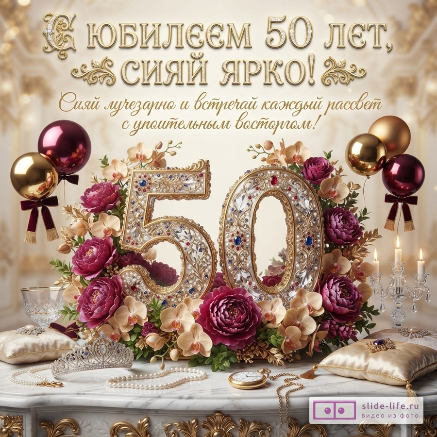 Открытка с юбилеем 50 лет женщине. Фон бежевый. В центре композиция из цифр «50», украшенных стразами, бордовых роз, бежевых орхидей. Слева и справа воздушные шары бордового и золотого цвета. Снизу на столе лежат подушечки, тиара, бусы, часы. Текст: «С юбилеем 50 лет, сияй ярко! Сияй лучезарно и встречай каждый рассвет с упоительным восторгом!»