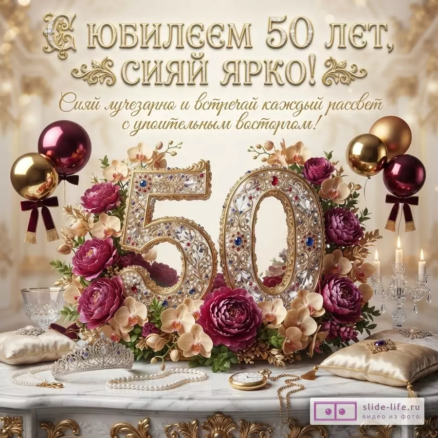 Открытка с юбилеем 50 лет женщине. Фон бежевый. В центре композиция из цифр «50», украшенных стразами, бордовых роз, бежевых орхидей. Слева и справа воздушные шары бордового и золотого цвета. Снизу на столе лежат подушечки, тиара, бусы, часы. Текст: «С юбилеем 50 лет, сияй ярко! Сияй лучезарно и встречай каждый рассвет с упоительным восторгом!»