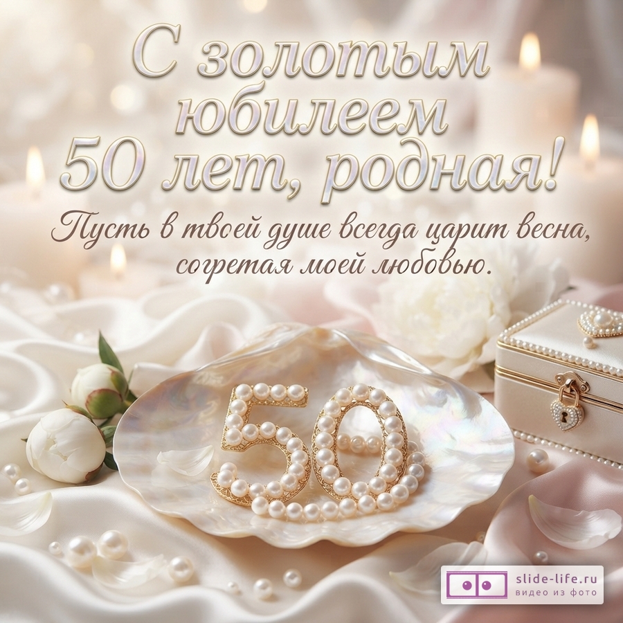Бежевый фон, свечи, белые пионы, жемчуг, шкатулка. Надпись: «С золотым юбилеем 50 лет, родная! Пусть в твоей душе всегда царит весна, согретая моей любовью.»