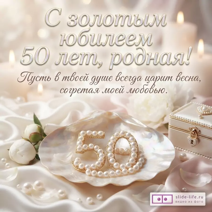 Бежевый фон, свечи, белые пионы, жемчуг, шкатулка. Надпись: «С золотым юбилеем 50 лет, родная! Пусть в твоей душе всегда царит весна, согретая моей любовью.»