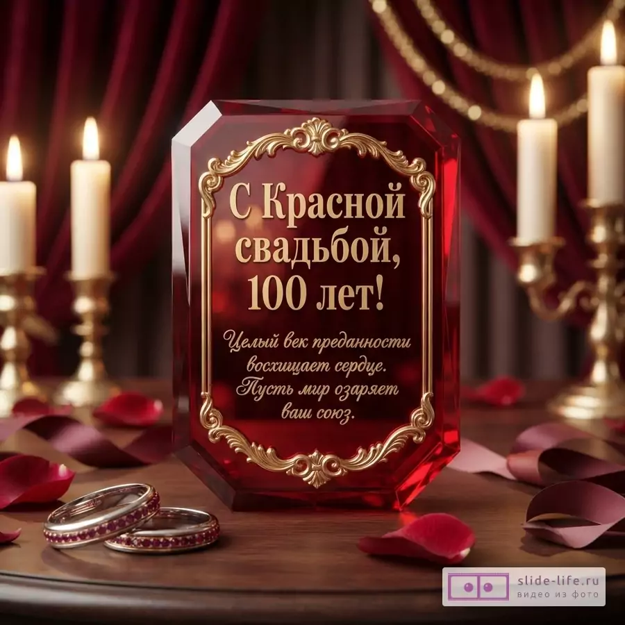 Граненый рубиновый кристалл в золотой рамке с текстом «С Красной свадьбой, 100 лет!», обручальные кольца, свечи и лепестки роз.