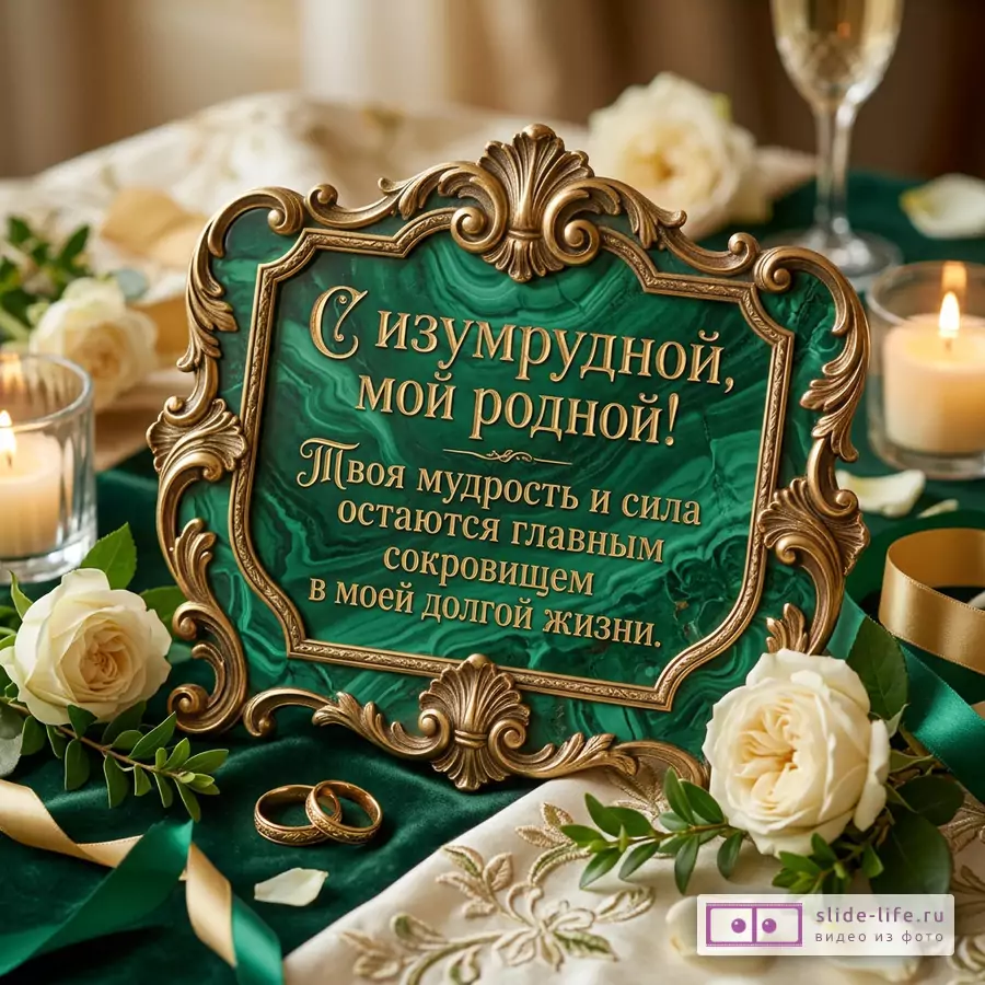 Открытка с изумрудным мраморным фоном и золотой резной рамкой, белые розы, свечи, золотые кольца, зеленая ткань, текст «С изумрудной, мой родной! Твоя мудрость и сила остаются главным сокровищем в моей долгой жизни.»