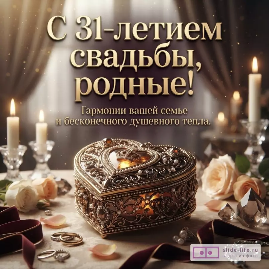 Теплый коричнево-золотой фон, свечи, цветы, декоративная шкатулка в форме сердца, текст «С 31-летием свадьбы, родные! Гармонии вашей семье и бесконечного душевного тепла.»