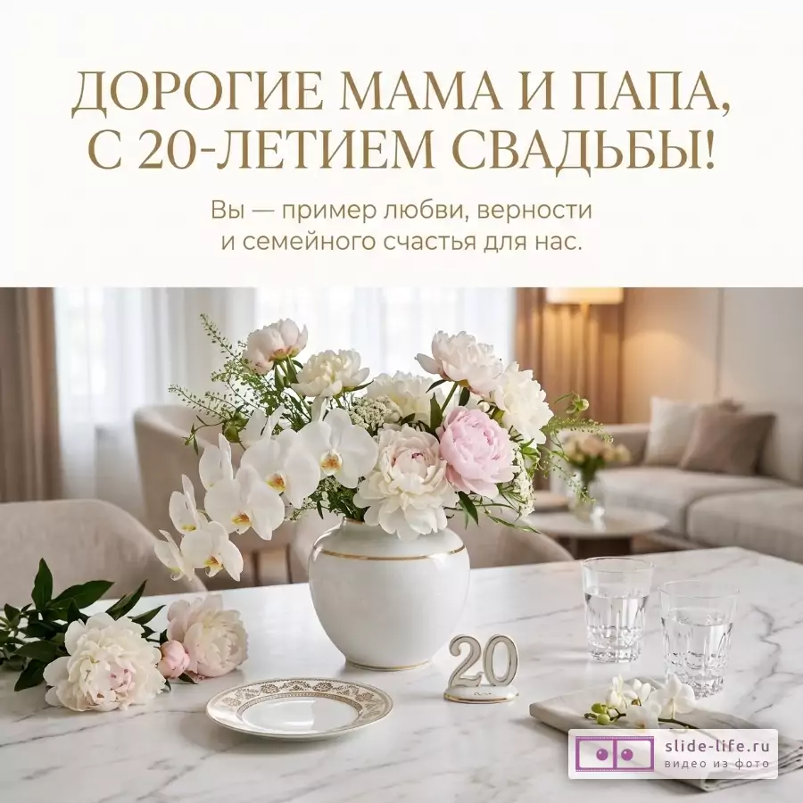 Бело-бежевый фон гостиной, букет белых и нежно-розовых цветов в белой вазе, тарелка, стаканы, фигурка 20. Текст: «ДОРОГИЕ МАМА И ПАПА, С 20-ЛЕТИЕМ СВАДЬБЫ! Вы — пример любви, верности и семейного счастья для нас.»