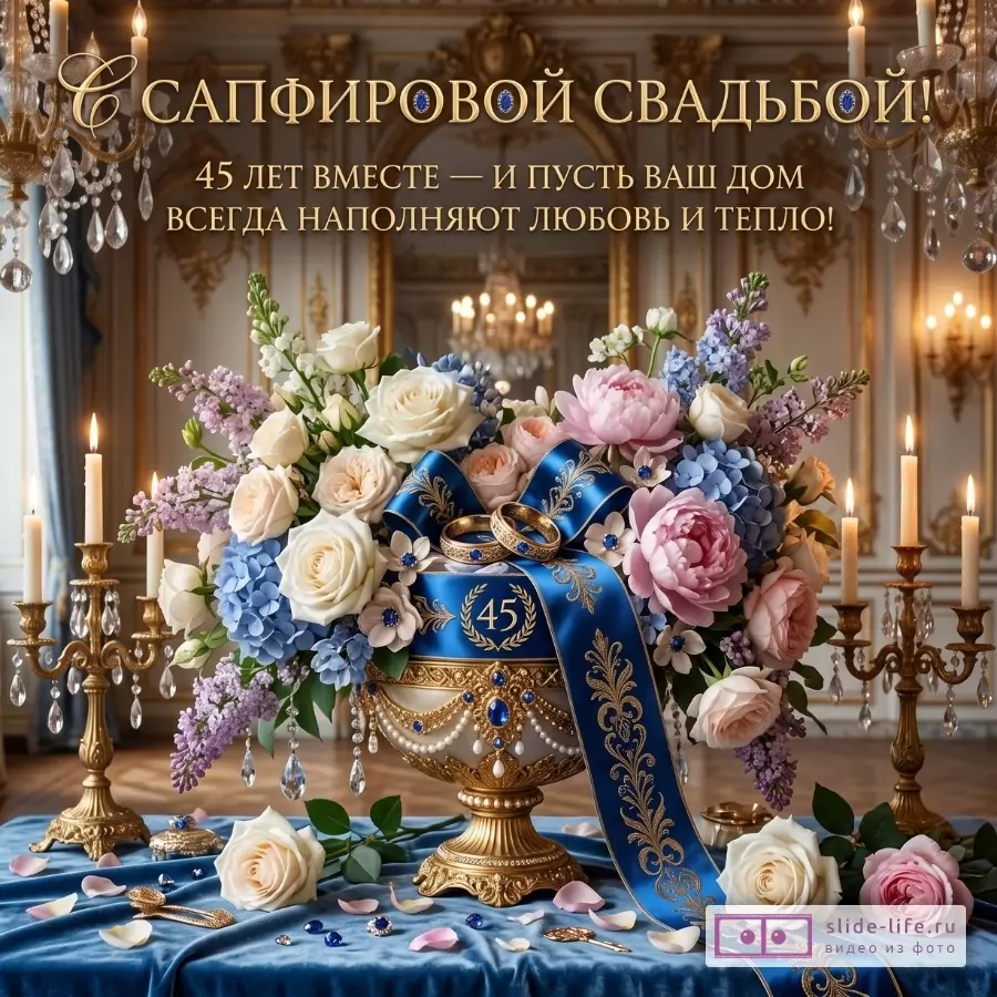 Золотистый дворцовый фон, синяя лента, букет белых, розовых и голубых цветов, свечи и кольца. Текст: «С сапфировой свадьбой! 45 лет вместе — и пусть ваш дом всегда наполняют любовь и тепло!»