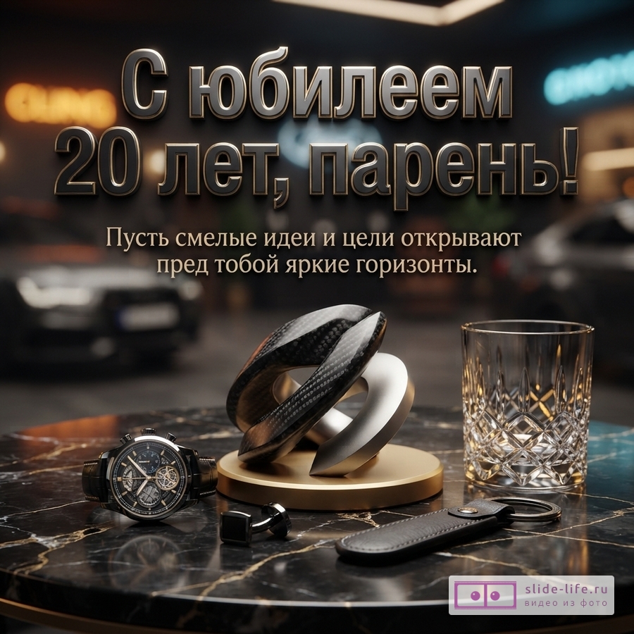 Наручные часы, запонки, стакан и статуэтка на мраморном столе с надписью: «С юбилеем 20 лет, парень! Пусть смелые идеи и цели открывают пред тобой яркие горизонты.»