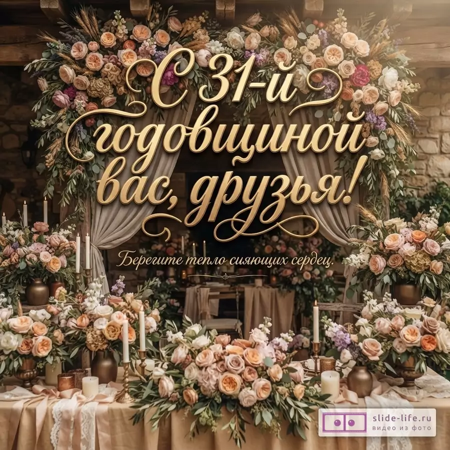Теплая свадебная композиция с цветами, свечами и золотой надписью «С 31-й годовщиной вас, друзья! Берегите тепло сияющих сердец.»