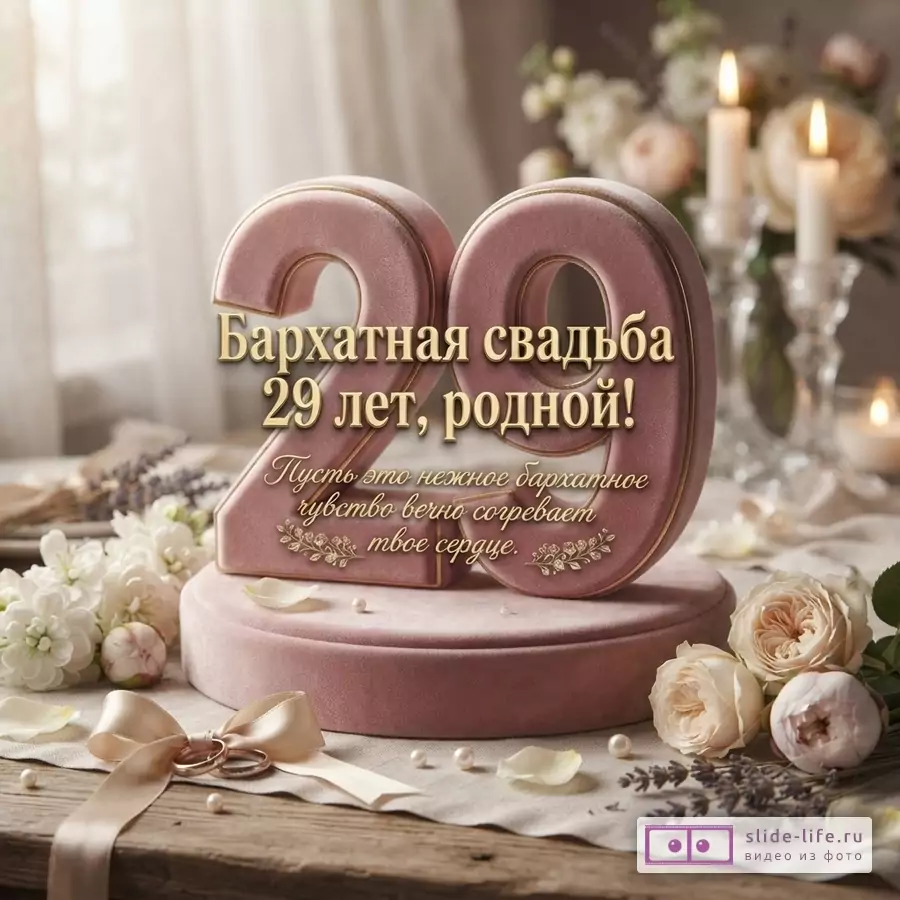 Розовые бархатные цифры «29» на подставке, на фоне бежевой скатерти, цветов и свечей. Текст: «Бархатная свадьба 29 лет, родной! Пусть это нежное бархатное чувство вечно согревает твое сердце.»