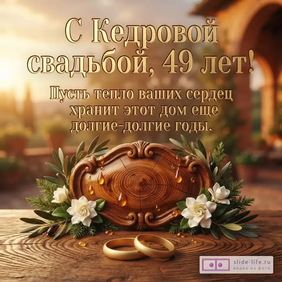 Золотой текст на размытом фоне с арками, деревянная доска с каплями смолы, белые цветы, зеленые ветки, два золотых кольца на деревянной поверхности. Текст: «С Кедровой свадьбой, 49 лет! Пусть тепло ваших сердец хранит этот дом еще долгие-долгие годы.»