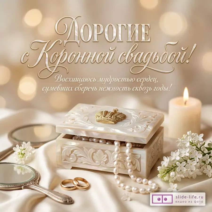 Шкатулка с короной, жемчуг, кольца, свеча и цветы на шелке. Текст: «Близким с Коронной свадьбой! Восхищаюсь мудростью сердец, сумевших сберечь нежность в унисон.»