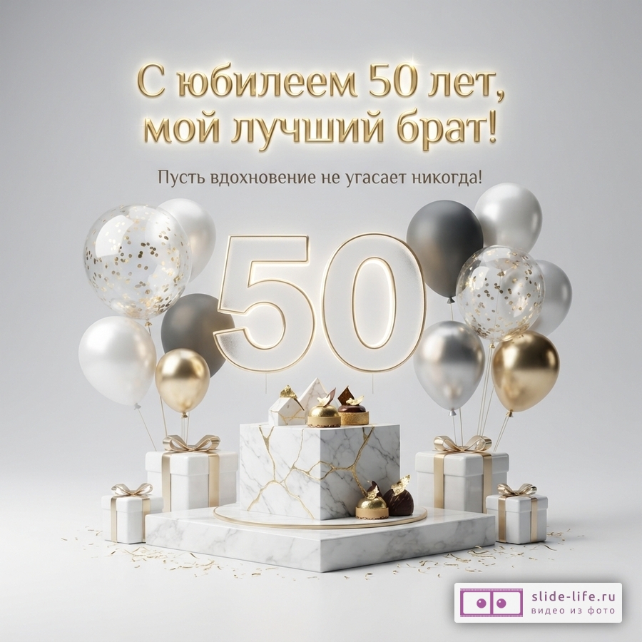Светло-серый фон, золотые буквы, цифры «50», воздушные шары белого, серого, золотого и прозрачного с конфетти цветов, мраморные постаменты, подарки, пирожные. Текст: «С юбилеем 50 лет, мой лучший брат! Пусть вдохновение не угасает никогда!»