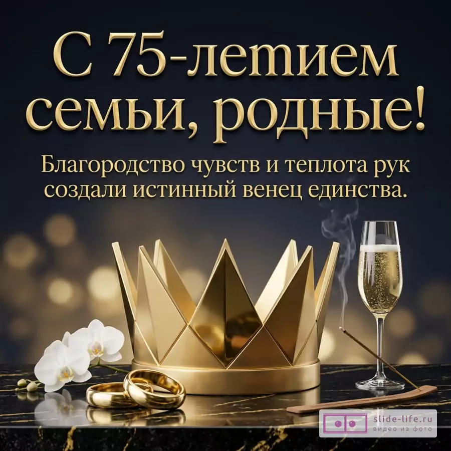 Золотая корона, обручальные кольца, бокал шампанского и орхидея на черном мраморе с надписью «С 75-летием семьи, родные! Благородство чувств и теплота рук создали истинный венец единства.»