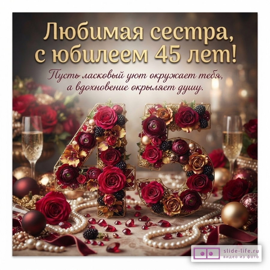 Открытка с золотыми буквами на темном фоне, украшенными красными и золотыми розами, ягодами. На переднем плане жемчужные бусы, красные шары и бокалы с шампанским. Текст: «Любимая сестра, с юбилеем 45 лет! Пусть ласковый уют окружает тебя, а вдохновение окрыляет душу.»
