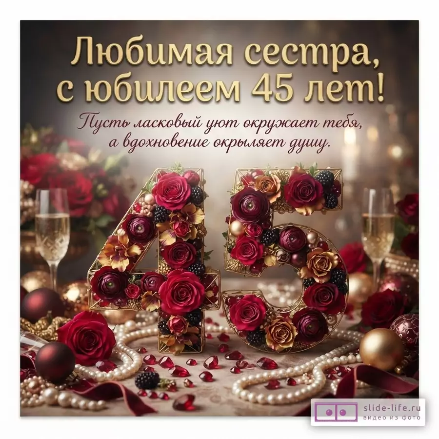 Открытка с золотыми буквами на темном фоне, украшенными красными и золотыми розами, ягодами. На переднем плане жемчужные бусы, красные шары и бокалы с шампанским. Текст: «Любимая сестра, с юбилеем 45 лет! Пусть ласковый уют окружает тебя, а вдохновение окрыляет душу.»
