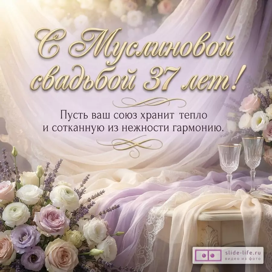 Открытка с Муслиновой свадьбой. Фон светло-фиолетовый, бежевый. Текст «С Муслиновой свадьбой 37 лет! Пусть ваш союз хранит тепло и сотканную из нежности гармонию.»