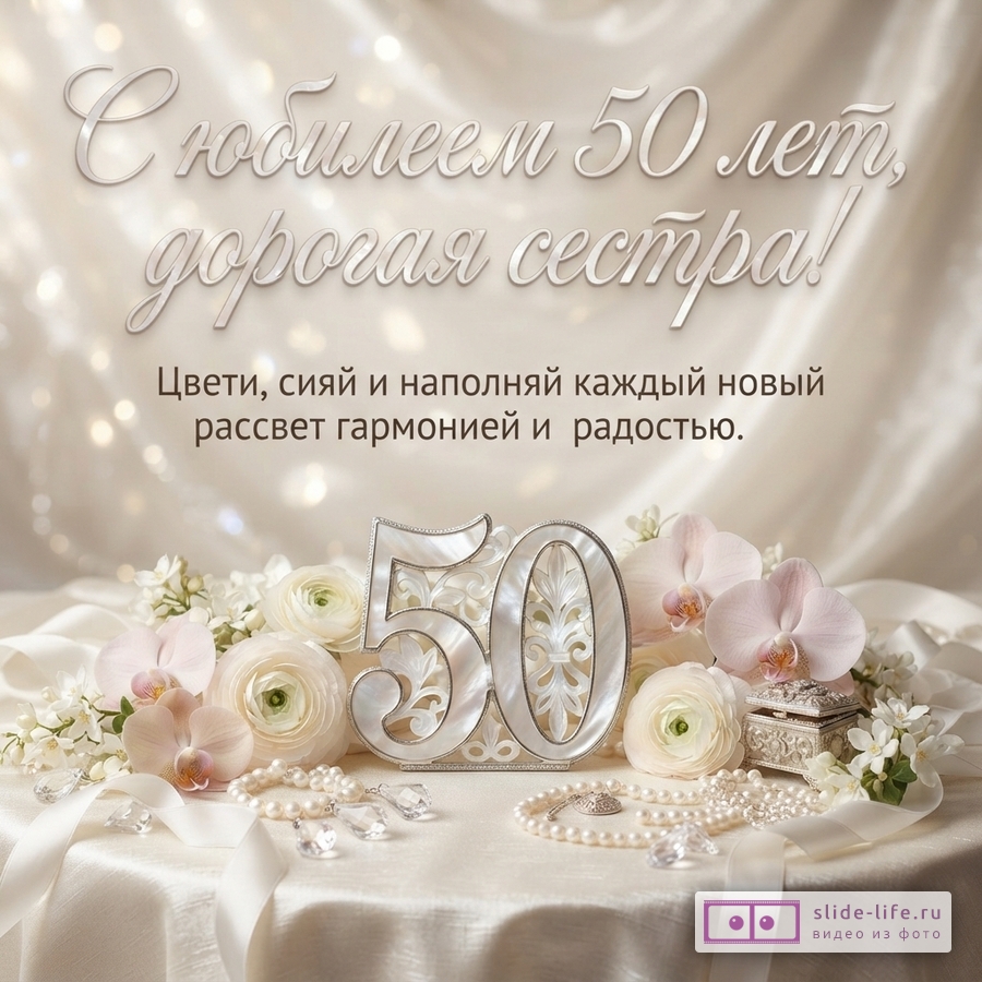 Открытка на бежевом фоне с боке, сверху надпись «С юбилеем 50 лет, дорогая сестра! Цвети, сияй и наполняй каждый новый рассвет гармонией и радостью.». Внизу на столе цифры «50» из перламутра, белые и розовые цветы, жемчужные бусы, шкатулка.