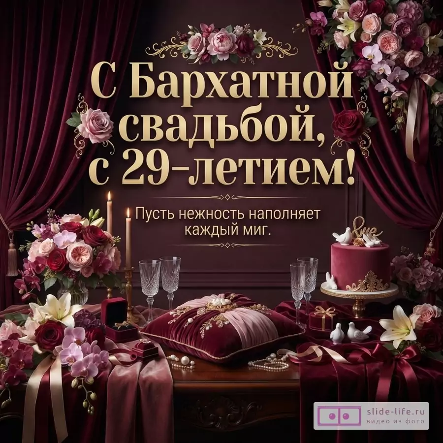 Фон бордовый, золотые буквы. Текст: «С Бархатной свадьбой, с 29-летием! Пусть нежность наполняет каждый миг.»