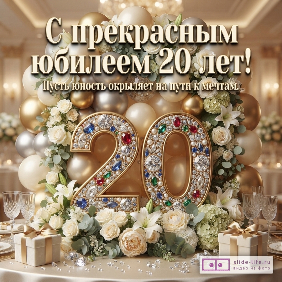 Открытка с золотыми и белыми шарами, цветами, цифрами «20» из драгоценных камней, подарками на столе. Текст: «С прекрасным юбилеем 20 лет! Пусть юность окрыляет на пути к мечтам.»