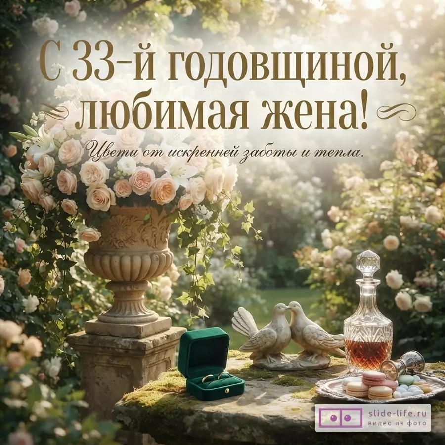Фон с размытым садом, на переднем плане ваза с бежевыми и белыми цветами, рядом шкатулка с кольцами, две статуэтки голубей, графин с напитком и тарелка с макарунами. Текст «С 33-й годовщиной, любимая жена! Цвети от искренней заботы и тепла.»