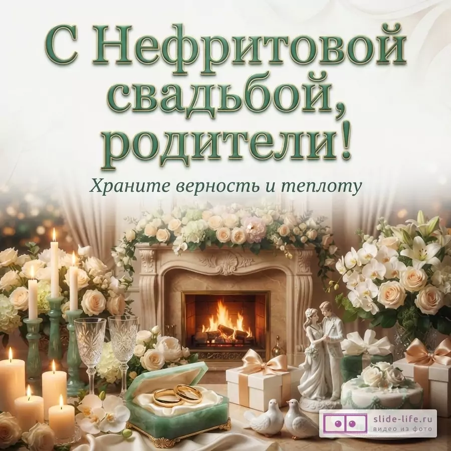 Светлый фон, крупный зелёно-золотой текст «С Нефритовой свадьбой, родители!», ниже курсивом «Храните верность и теплоту», внизу камин, цветы, свечи и подарки.
