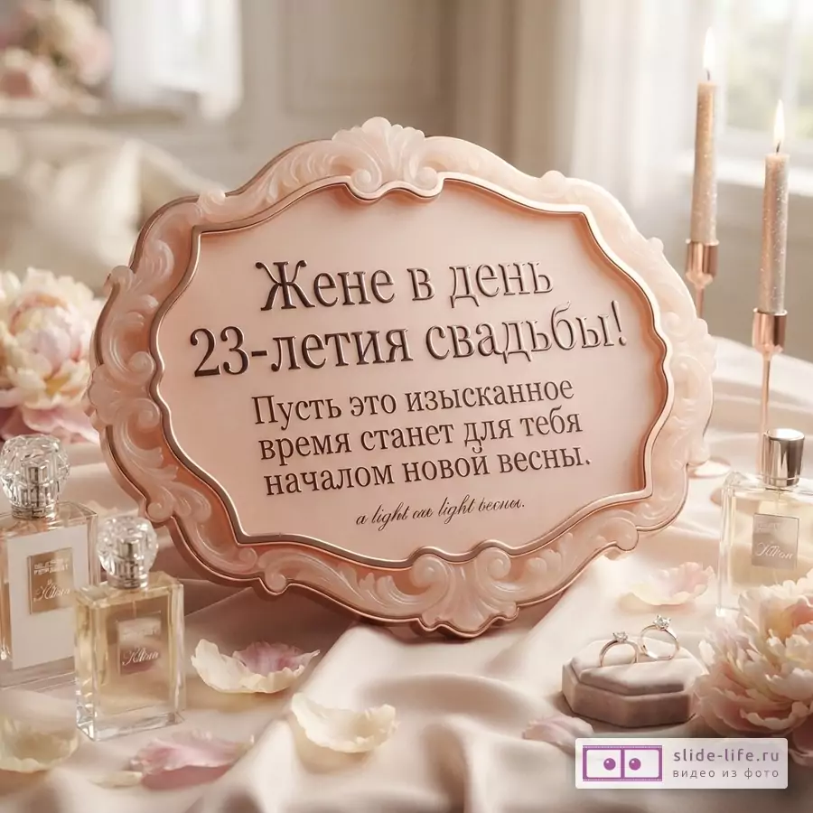 Фигурная бежевая табличка с надписью «Жене в день 23-летия свадьбы! Пусть это изысканное время станет для тебя началом новой весны» в окружении флаконов духов, свечей и колец.