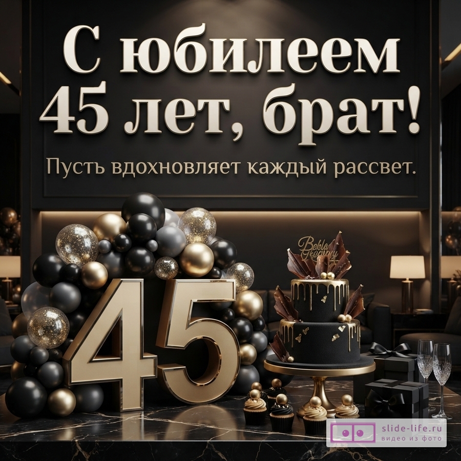 Открытка на черном фоне с золотыми буквами. Внизу золотые цифры 45, черные и золотые шары, черный торт, кексы, подарки. Текст: «С юбилеем 45 лет, брат! Пусть вдохновляет каждый рассвет.»