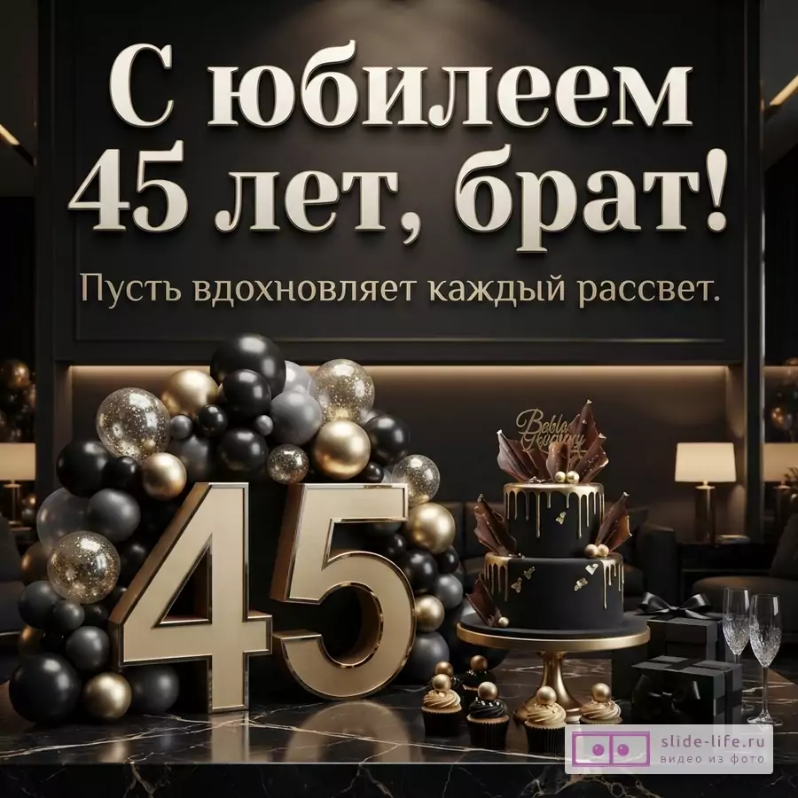 Открытка на черном фоне с золотыми буквами. Внизу золотые цифры 45, черные и золотые шары, черный торт, кексы, подарки. Текст: «С юбилеем 45 лет, брат! Пусть вдохновляет каждый рассвет.»