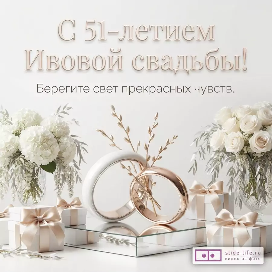 Белый фон, бежевый текст «С 51-летием Ивовой свадьбы! Берегите свет прекрасных чувств.», два кольца, белые цветы и подарочные коробки с лентами